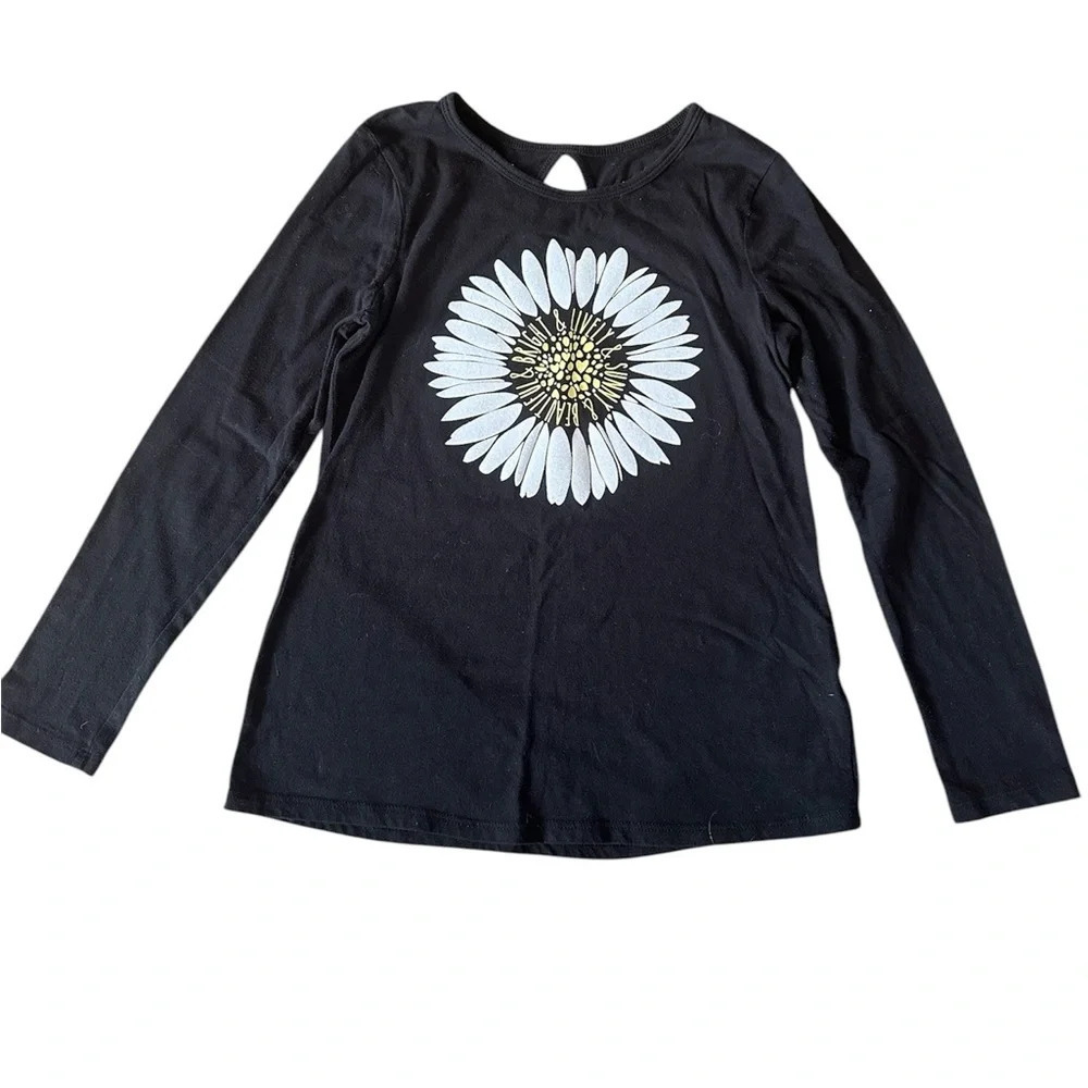 Justice Black Daisy Graphic Long Sleeve Tee Boho Whimsy Girls Size 10